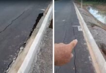 A menos de 30 dias com pavimento novo, PE-630 já apresentada rachaduras e oferece risco