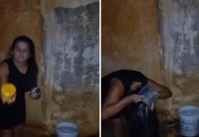 Indignada com falta de água, moradora de Afrânio (PE) lava cabelos na porta da Compesa