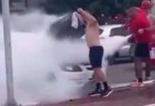 Carro pega fogo na Orla de Petrolina (PE) e populares ajudam a conter as chamas