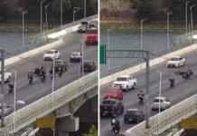 Duas motos derrapam na Ponte Presidente Dutra por causa de óleo na pista